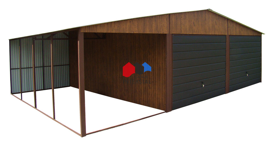 podwójny garaż blaszany z dodatkową wiatą garażową